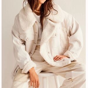 NWT We The Free Holly Cozy Denim Jean Jacket Free People Sherpa Ivory White Ecru